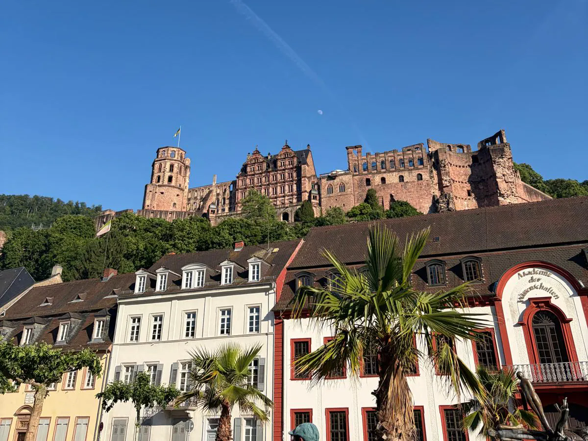 Heidelberg Castle above the rooftops of a square